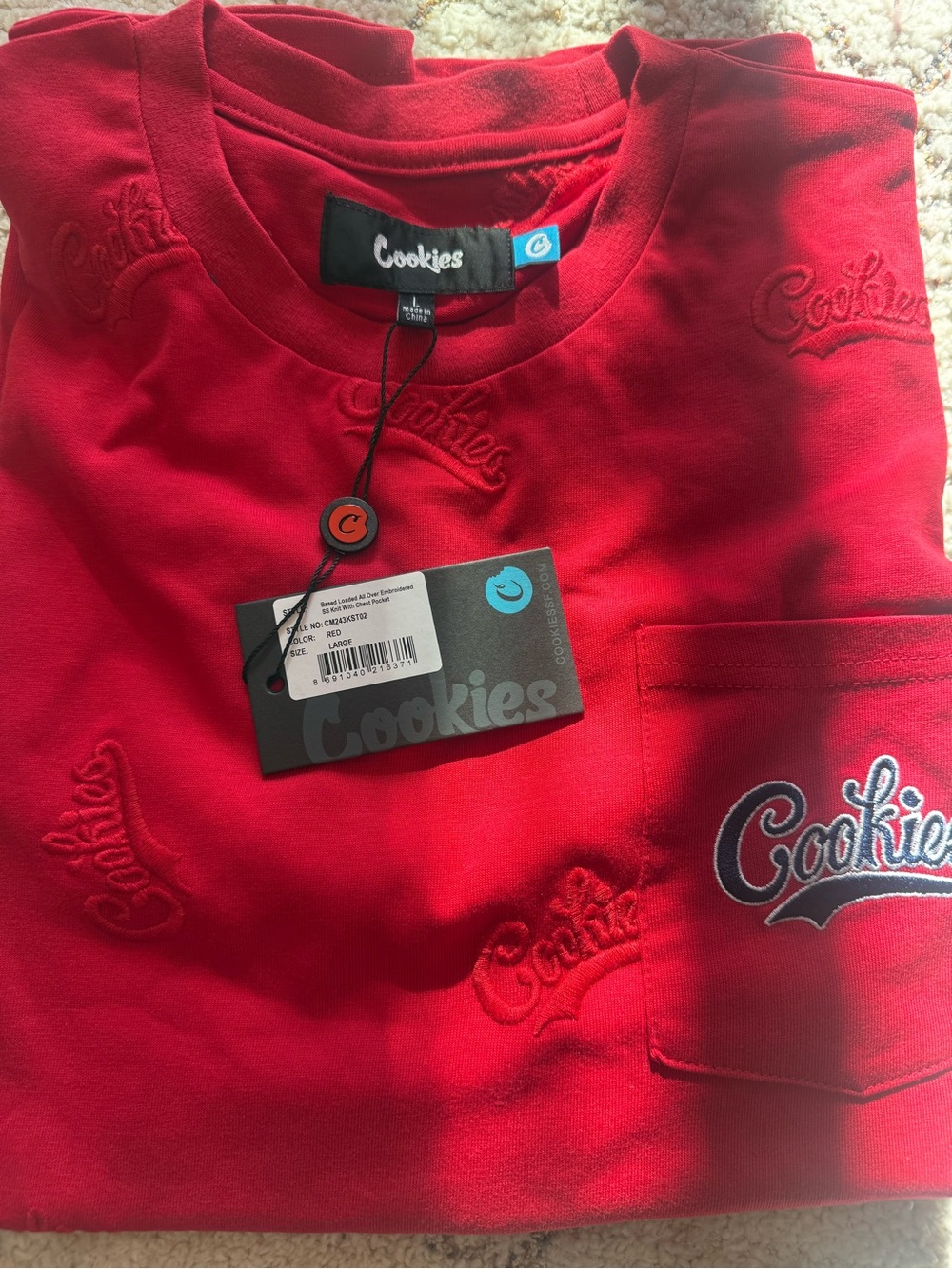 Cookies All Over Embroidered Tee Red Large Streetwear Logo Pocket Shirt